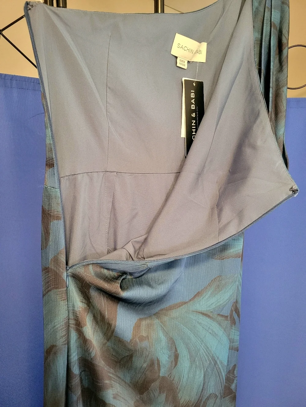 Sachin + Babi Teal and Navy One-Shoulder Floral Gown